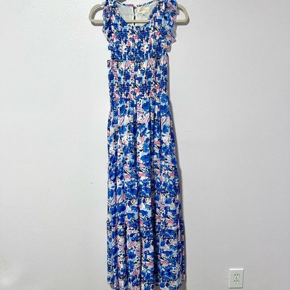 Melloday Floral flutter sleeves smocked Maxi Dress in Blue and Pink  SMALL - Picture 2 of 16
